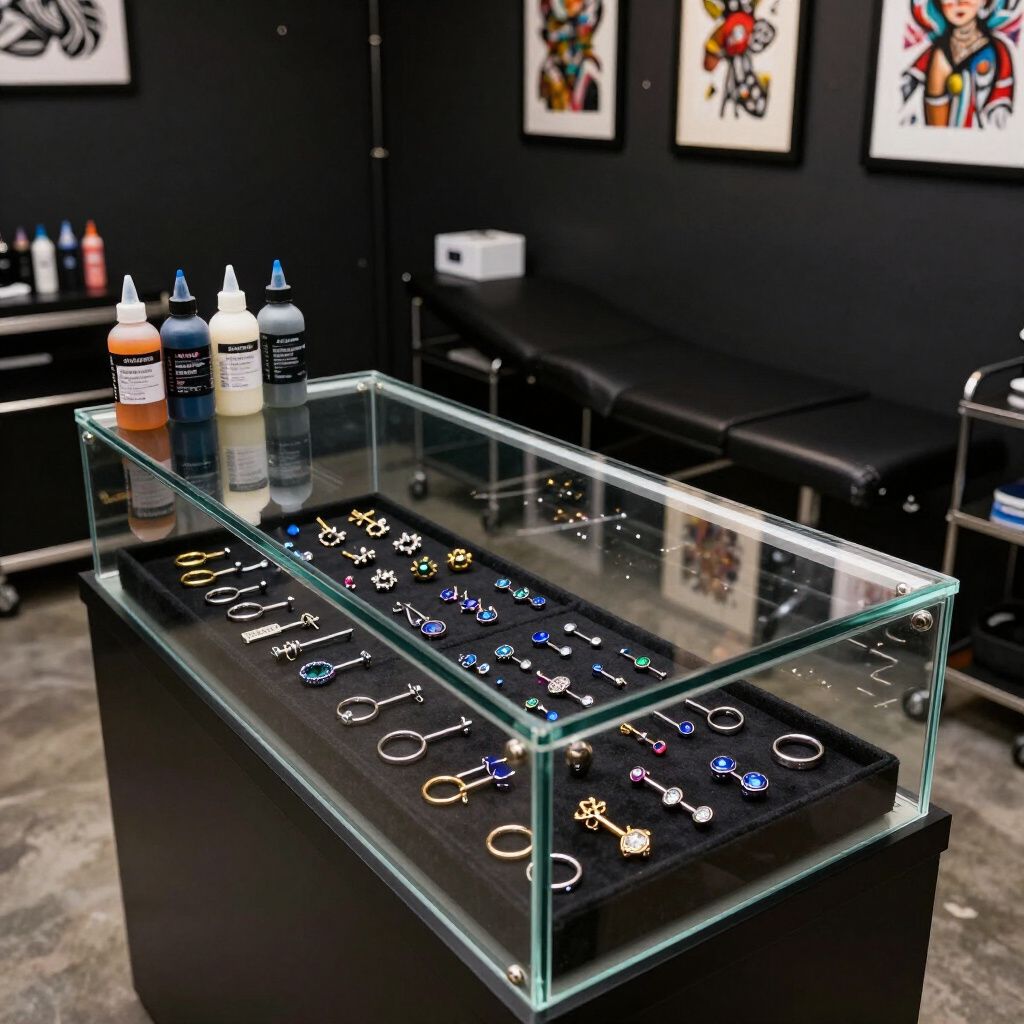 Vetrina di vetro con gioielli e bottiglie colorate all'interno di uno studio di tatuaggi, con opere d'arte incorniciate.