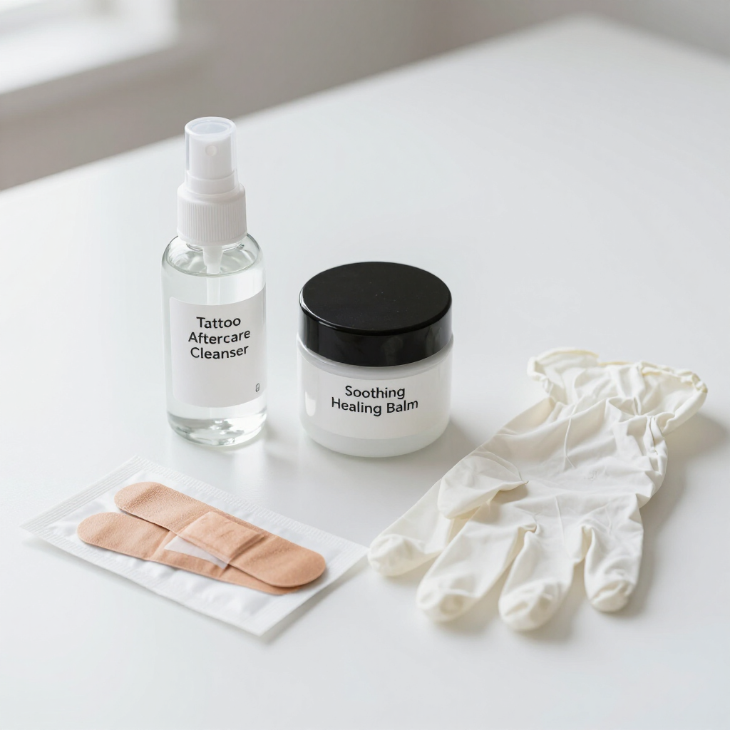 Un set per la cura della pelle con flacone spray, vasetto di crema, cerotti e guanti bianchi su una superficie chiara