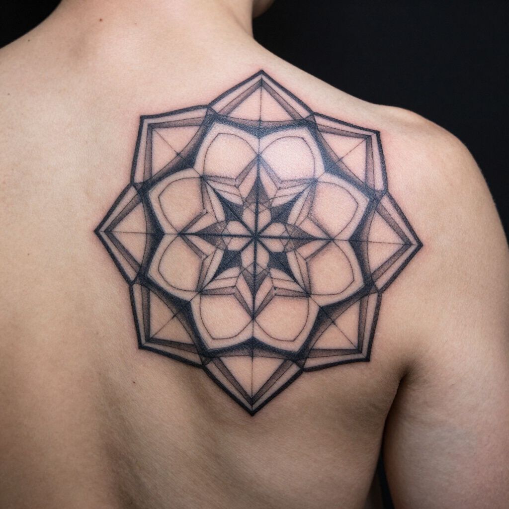 Tatuaggio geometrico a linea nera con disegno di mandala floreale sulla parte alta della schiena di una persona.
