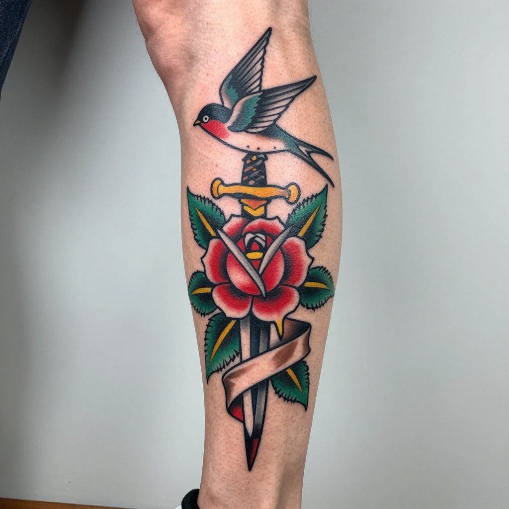 Tatuaggio sulla gamba di un pugnale con una rosa rossa e una rondine sul polpaccio.