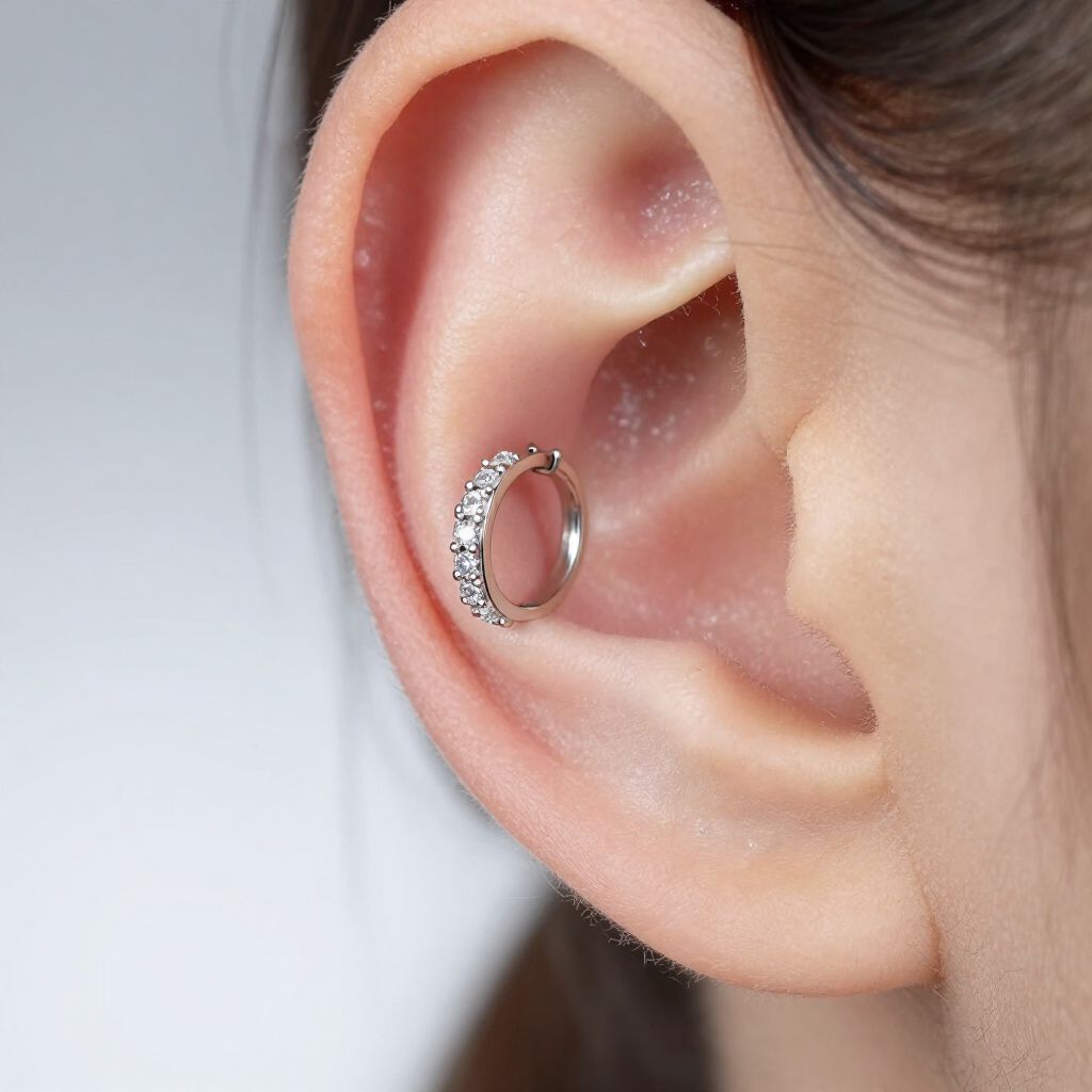 Primo piano di un orecchio con un orecchino a cerchio d'argento con piccole pietre scintillanti.