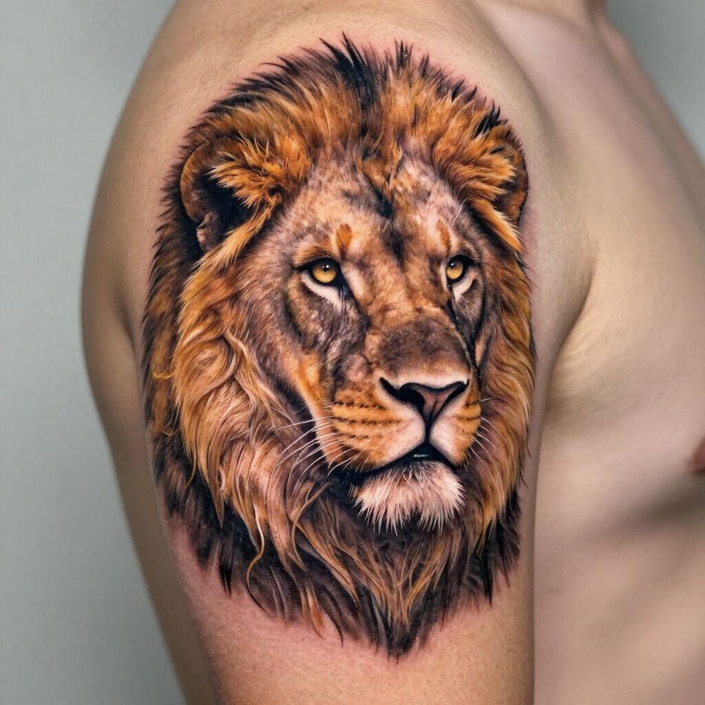 Tatuaggio realistico di una testa di leone sulla spalla di una persona, con occhi color ambra e criniera scura.
