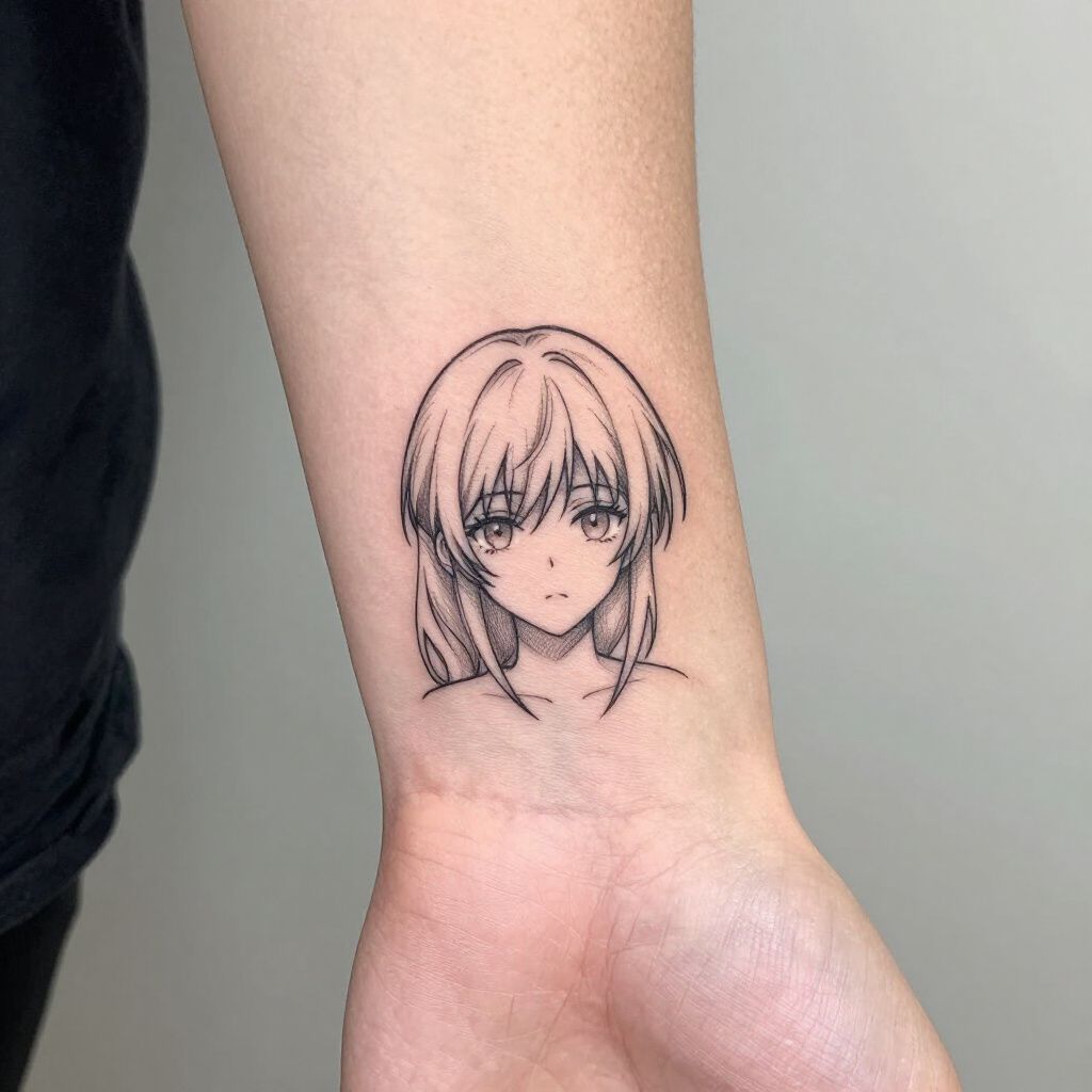 Piccolo tatuaggio in bianco e nero di un viso in stile anime sul polso, con una mano dietro.