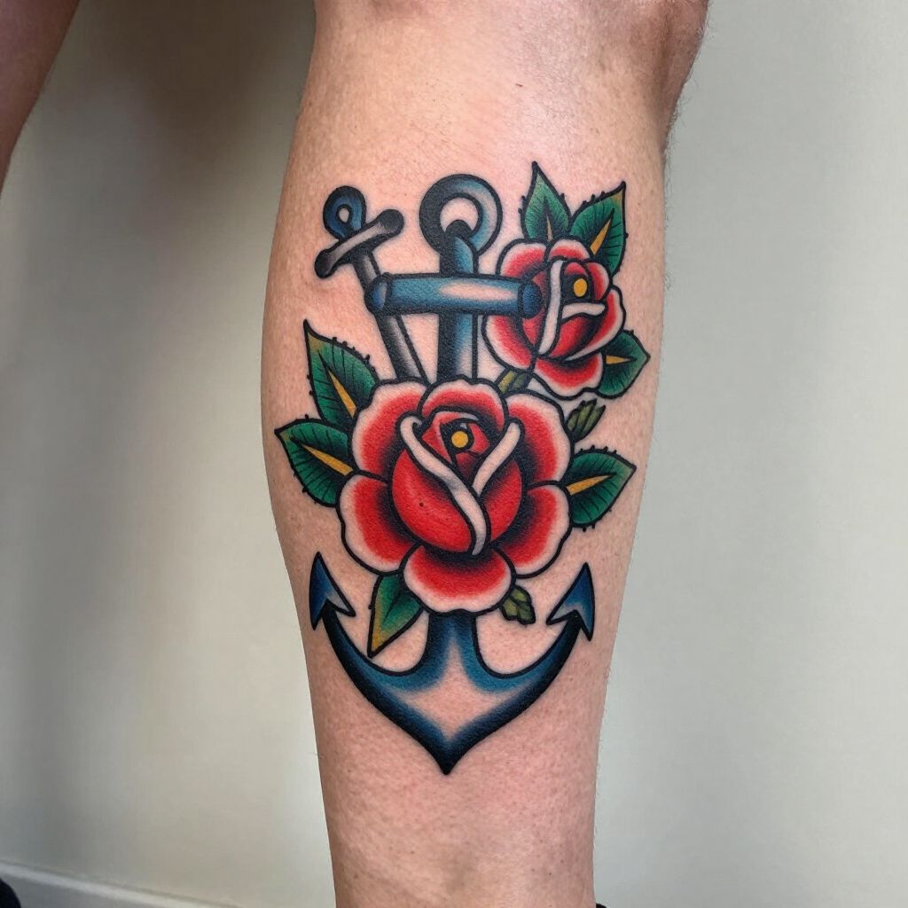 tatuaggio in stile tradizionale americano sulla gamba, raffigurante un'ancora blu intrecciata con rose rosse.