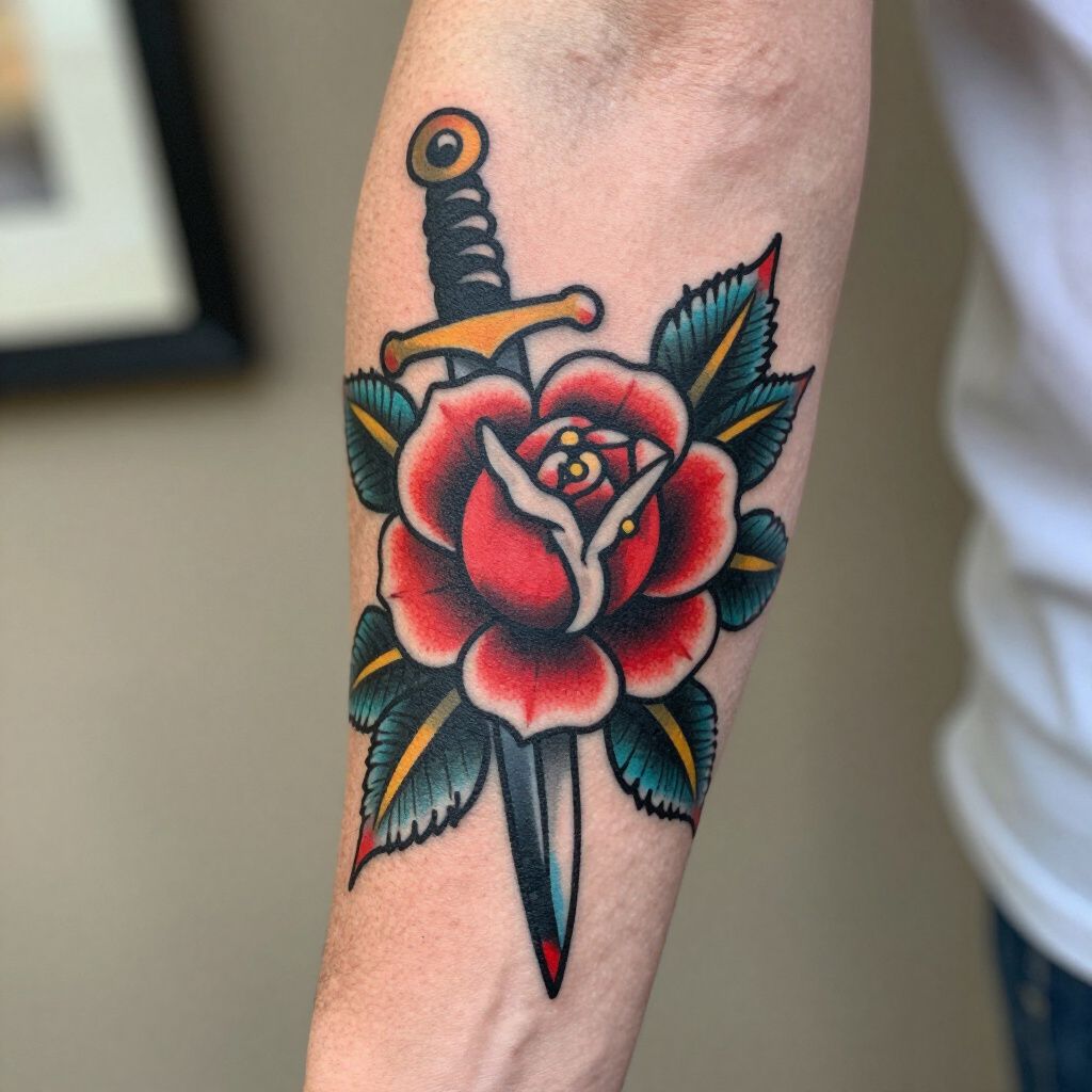 Tatuaggio di una rosa colorata e un pugnale sull'avambraccio di una persona.