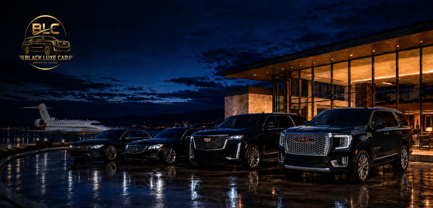 Luxury SUVs parked outside a lit waterfront building at night, with mountains and city lights in the background.