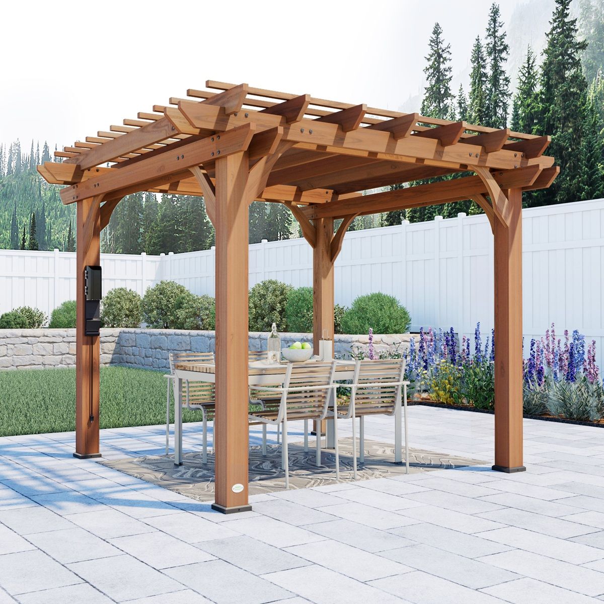 Wooden pergola over a patio dining set in a landscaped backyard