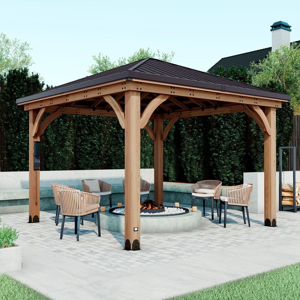 Outdoor wooden gazebo with seating around a central fire pit on a patio, surrounded by greenery