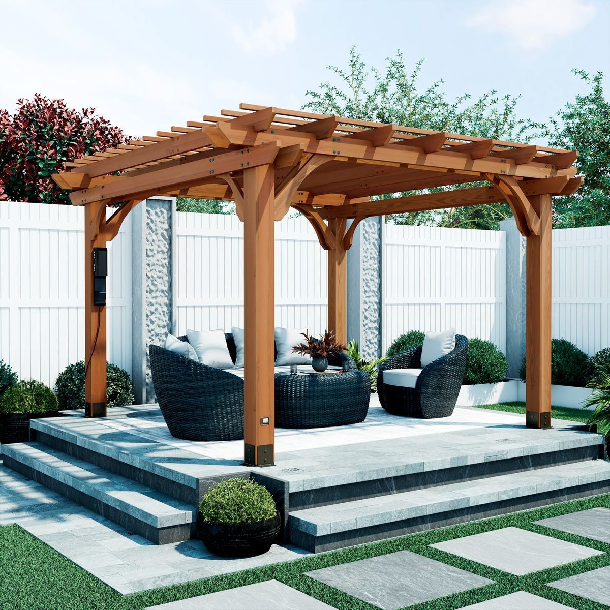 Wooden pergola on a raised patio with outdoor seating and planters in a modern backyard