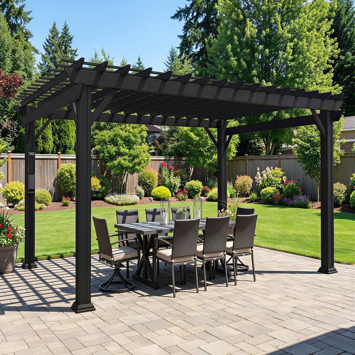 Backyard patio with black pergola shading a dining table and chairs on a stone terrace