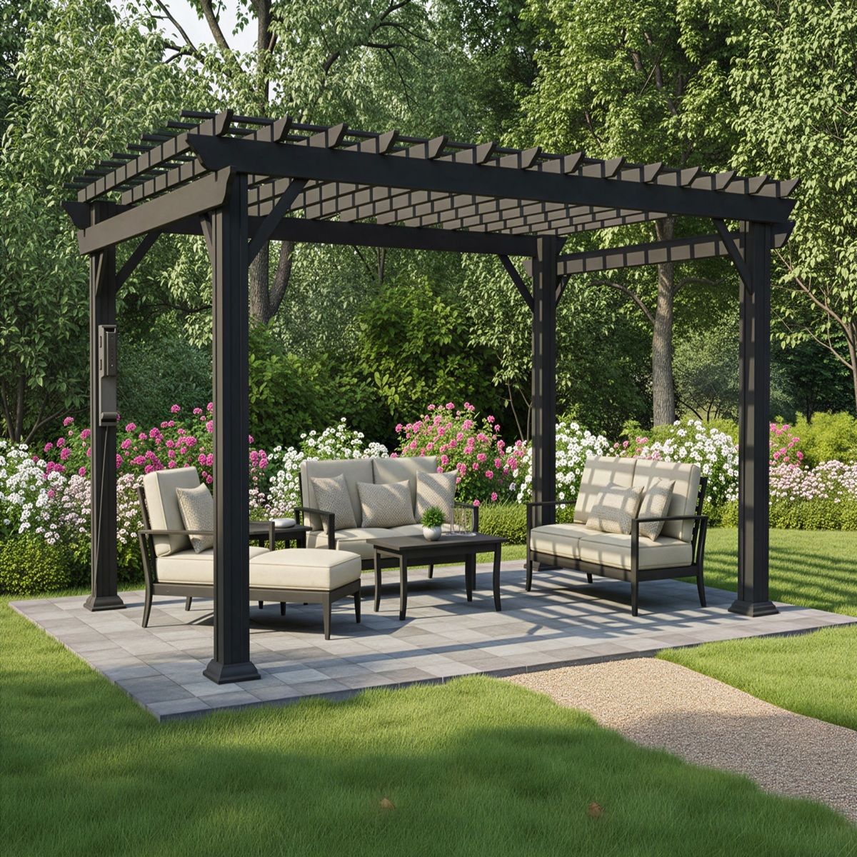Black pergola with outdoor seating on a patio in a lush garden