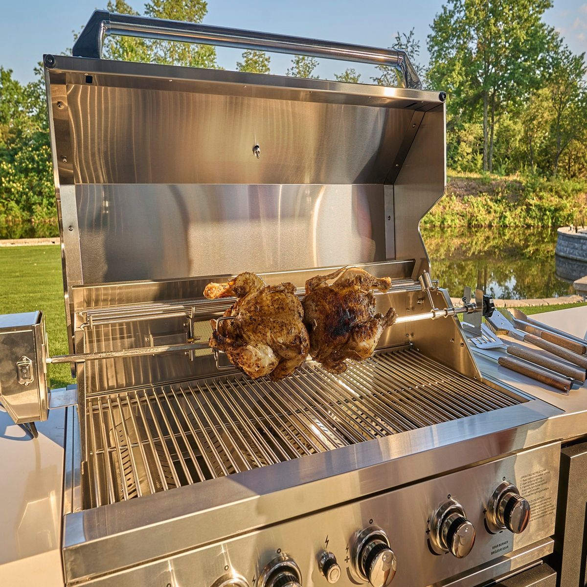 Two roasted chickens on a stainless steel outdoor grill with a wooded background