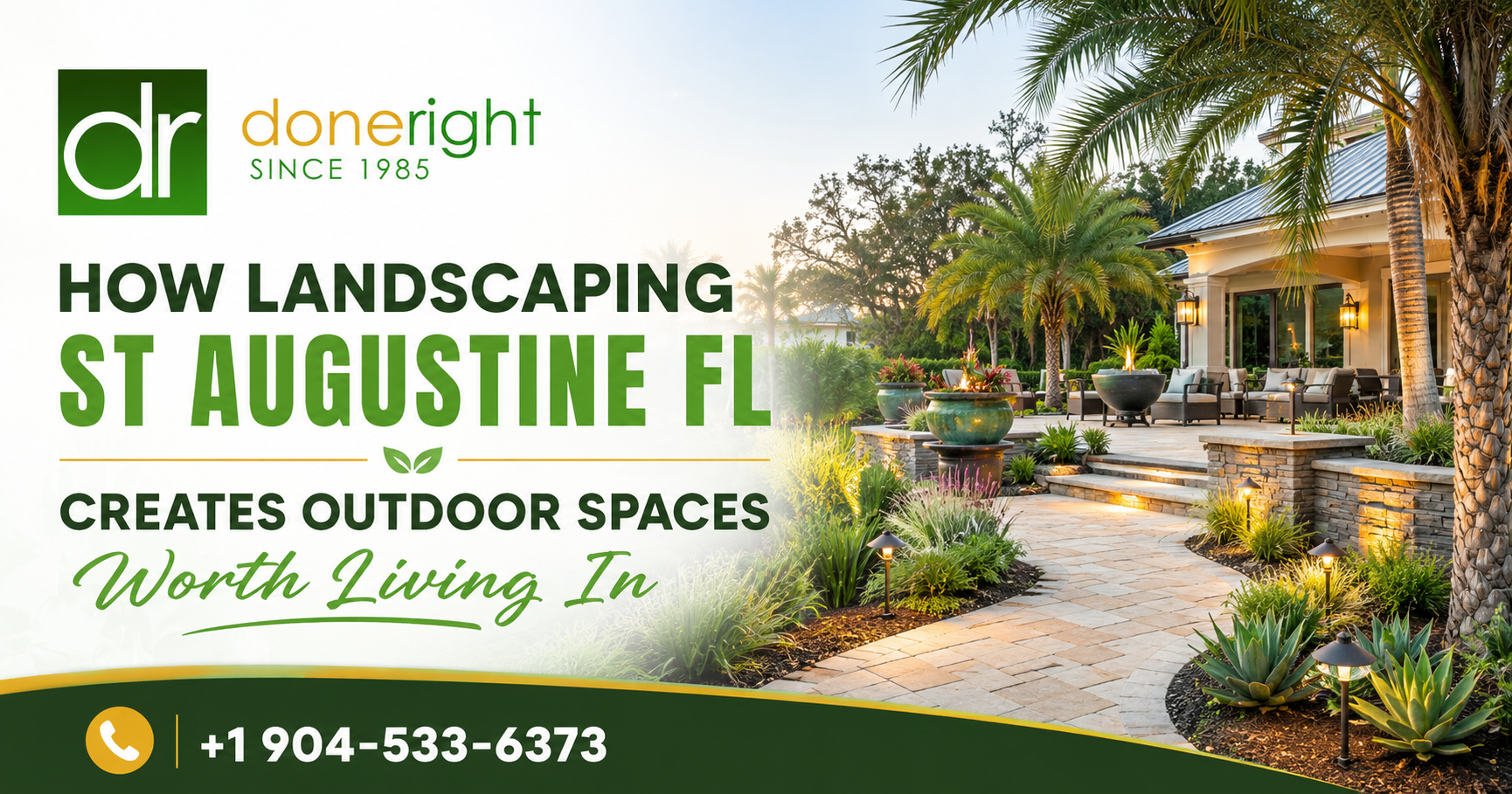 Landscaped St. Augustine, FL home with palm trees, flowers, and text promoting outdoor spaces