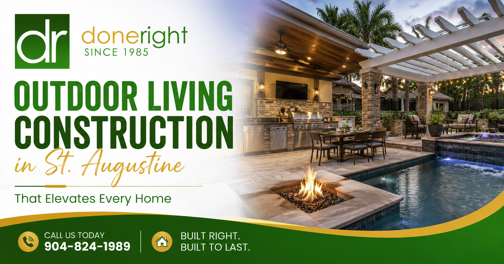 Doneright outdoor living construction ad with luxury patio, pool, and pergola at sunset