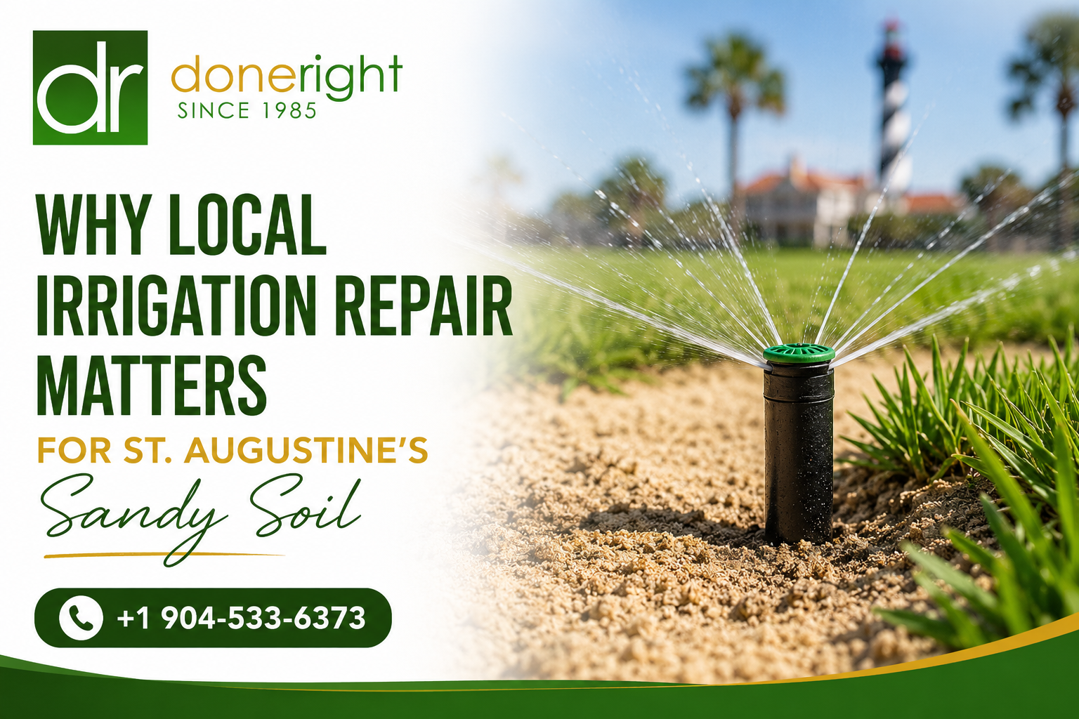 Local irrigation repair ad for St. Augustine lawns with sprinkler spraying and green grass background
