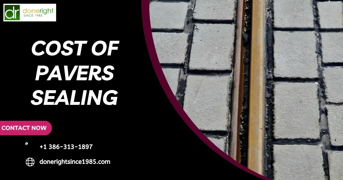 Cost of pavers sealing ad with gray paver stones and pink accents, plus contact info
