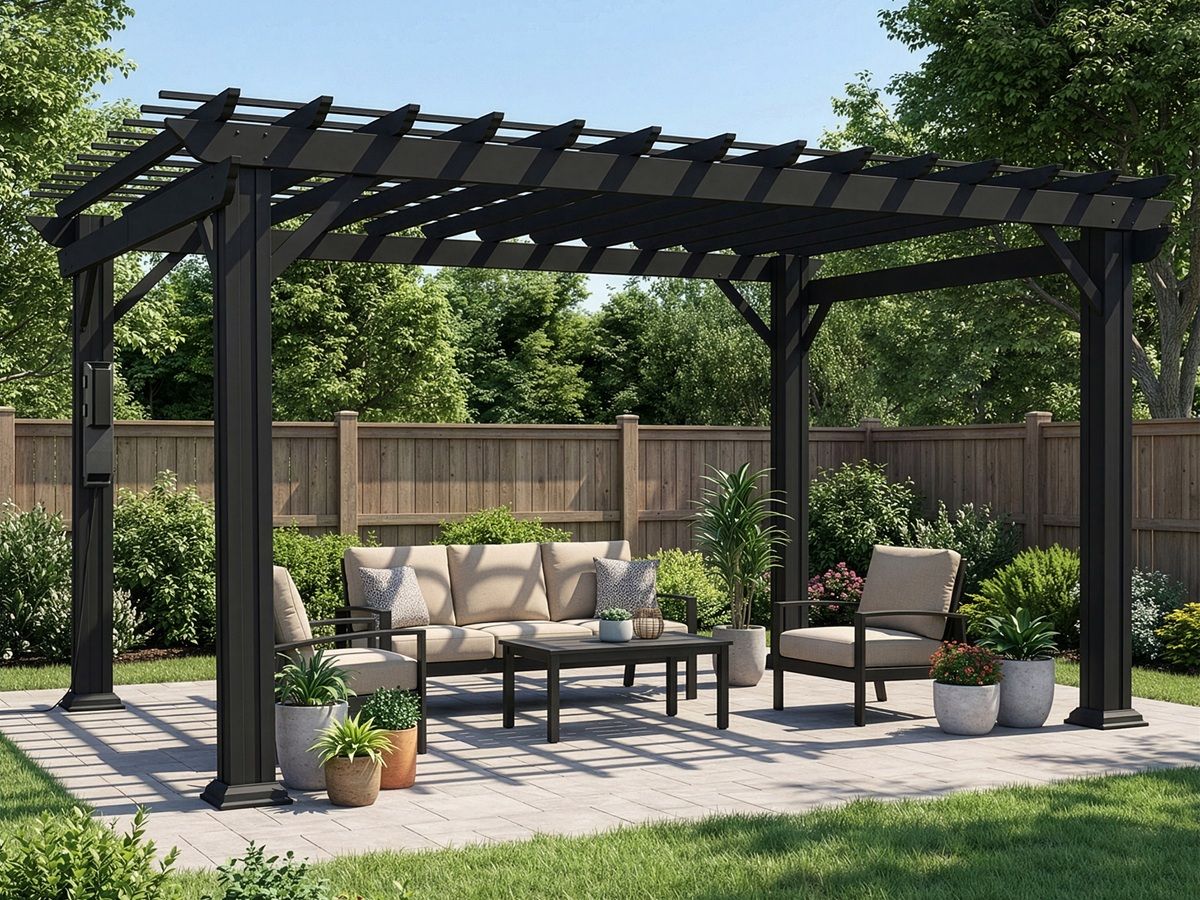 Backyard pergola lounge with cushioned sofa, chairs, coffee table, and potted plants on a patio