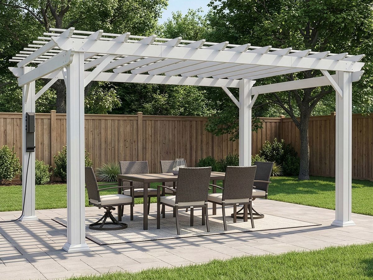 White pergola over an outdoor patio dining set in a fenced backyard