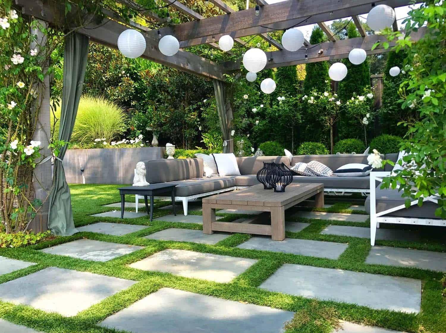 Outdoor patio with pergola, hanging lanterns, and gray sectional seating on a stone-and-grass floor Outdoor patio with pergola, hanging lanterns, and gray sectional seating on a stone-and-grass floor