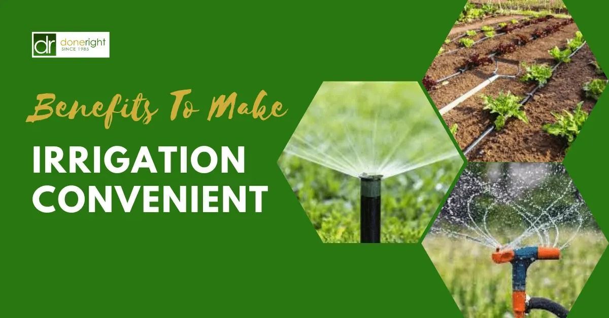 Green irrigation banner with crop rows, water sprays, and the text “Benefits to make irrigation convenient”