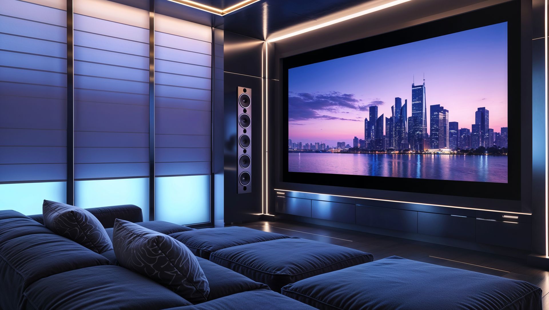 A home rec room with a large couch and TV, and sleek shades at the windows 