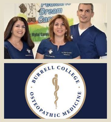 Three medical professionals in navy scrubs stand before a pediatric clinic sign, above the Burrell College emblem.