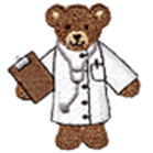 Teddy bear doctor in white coat, holding clipboard and stethoscope.