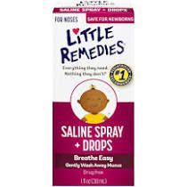 Box of Little Remedies Saline Spray + Drops for babies. Purple and white box, featuring a baby graphic.