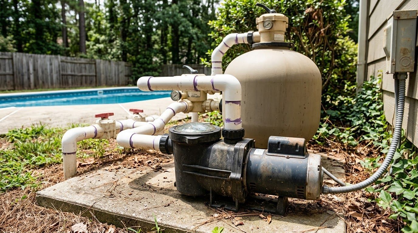 Pool pump and filtration equipment beside an outdoor swimming pool, with pipes and a beige tank.
