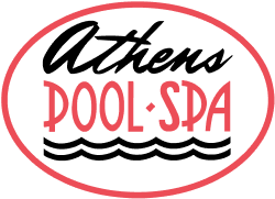 A logo for Athens Pool Spa with waves in the background.