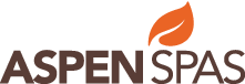 Aspen Spas logo with a brown font and orange leaf.