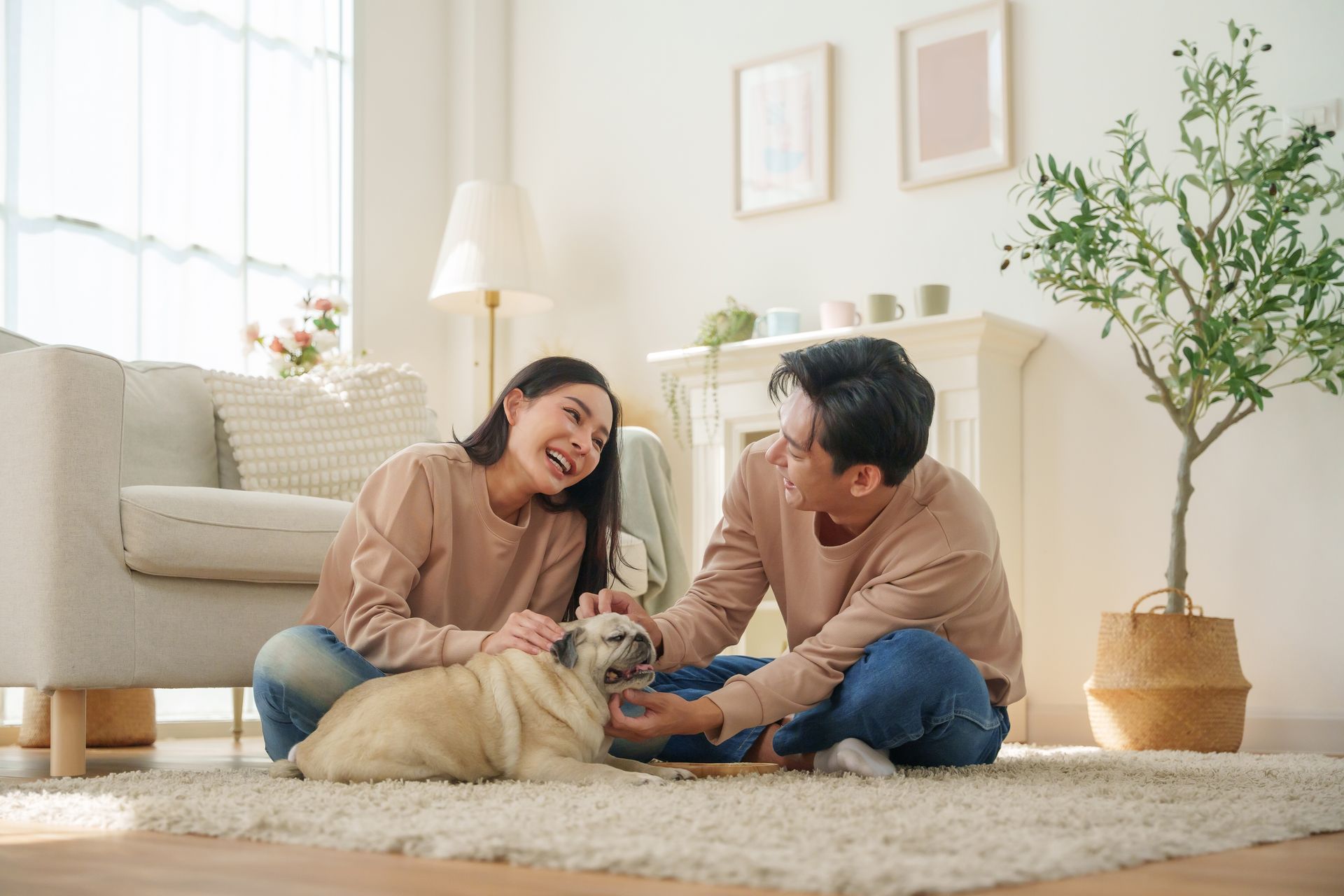Two people smiling on a rug with a small dog in a bright living room