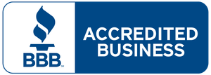BBB Accredited Business blue logo with white text and torch icon
