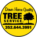 Yellow circular logo for Down Home Quality Tree Service with tree graphic and phone number 352.644.3991