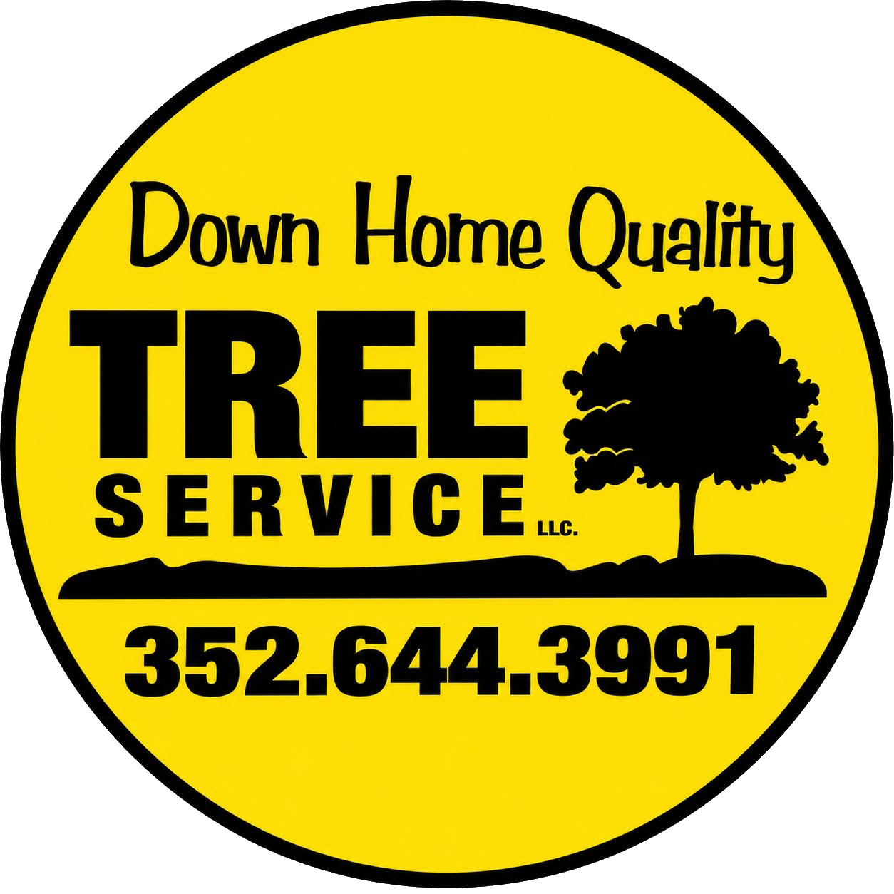 Yellow circular logo for Down Home Quality Tree Service with tree graphic and phone number 352.644.3991