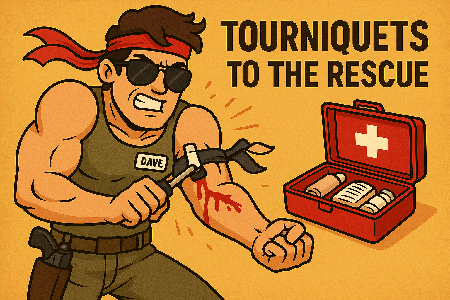 A cartoon of a man with a bandage on his arm next to a first aid kit