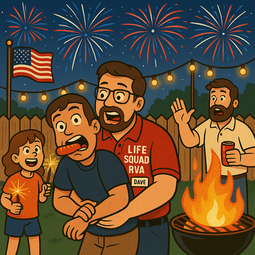 Cartoon CPR hero in patriotic gear performs compressions at a festive July 4th BBQ with fireworks