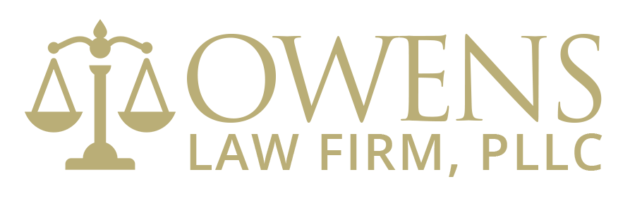 Gold scales logo for OWENS Law Firm, PLLC on a light background