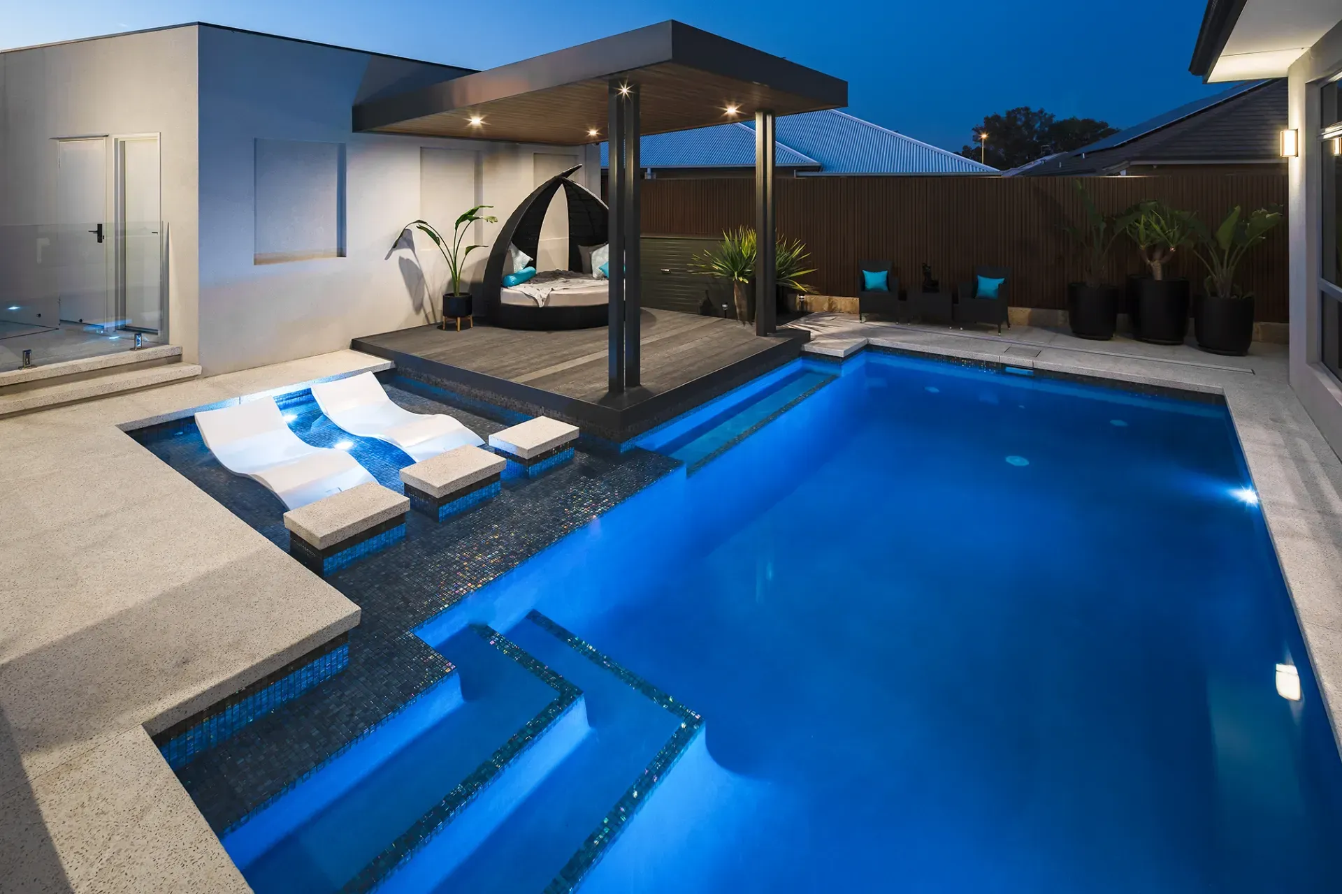A large swimming pool in the backyard of a house