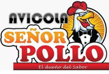Logotipo de Avícola Señor Pollo con un pollo de dibujos animados con esmoquin y una identidad visual en rojo y amarillo.