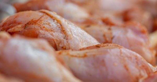 Trozos de pollo crudo sazonado, dispuestos en primer plano