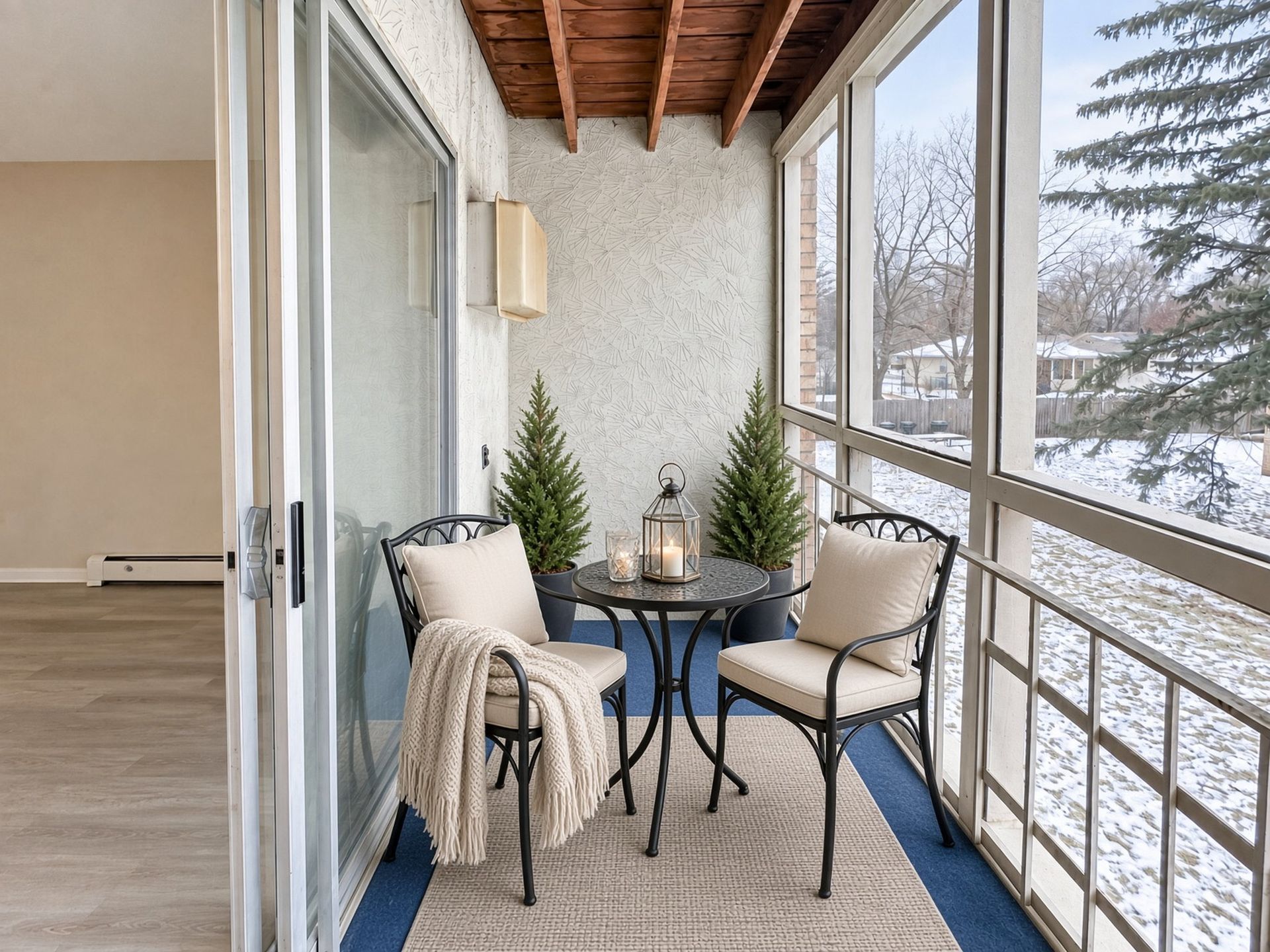 View from the living room to the balcony at The Groves apartments, Brooklyn Park MN