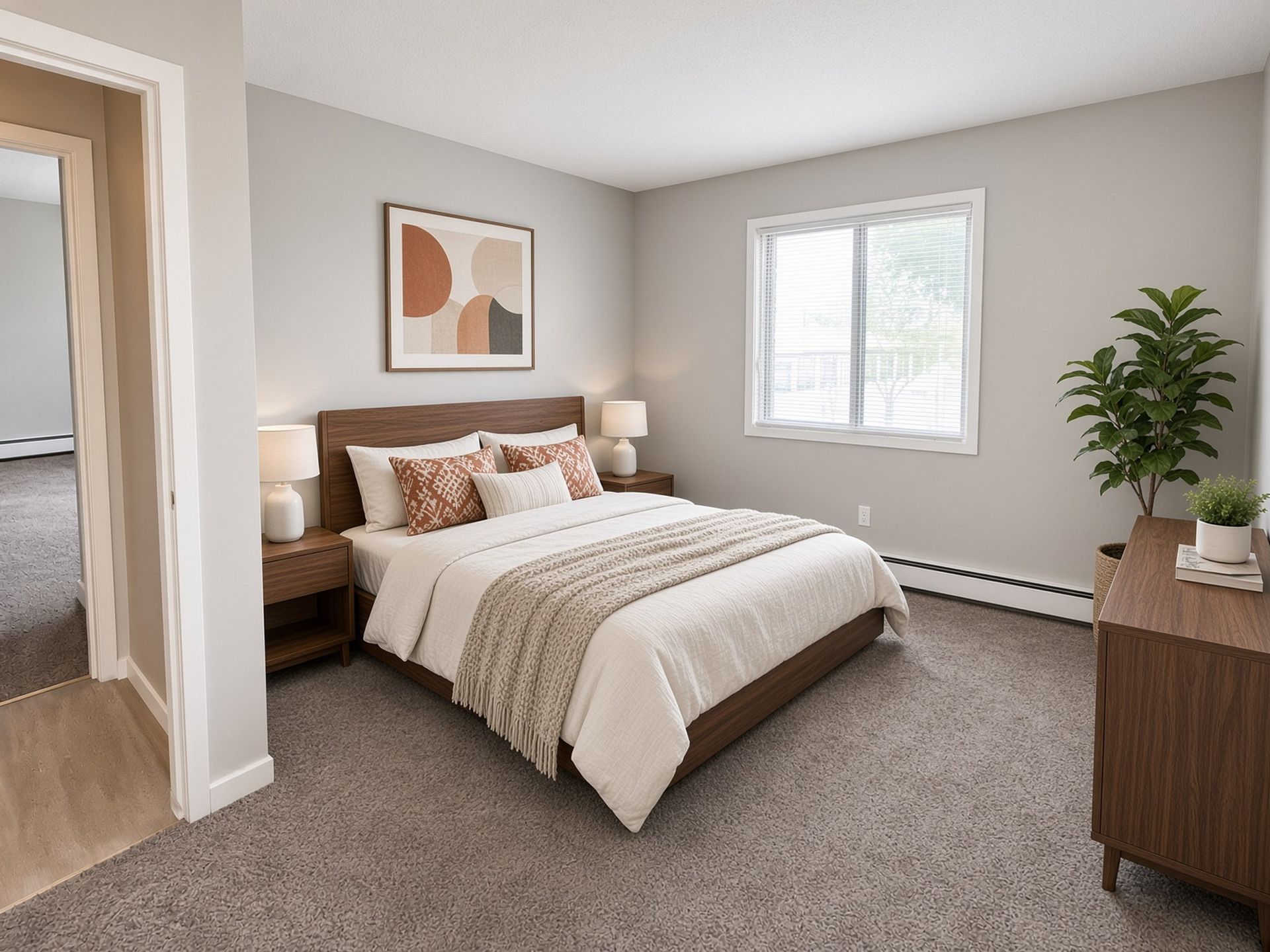Bedroom with window at The Groves apartments