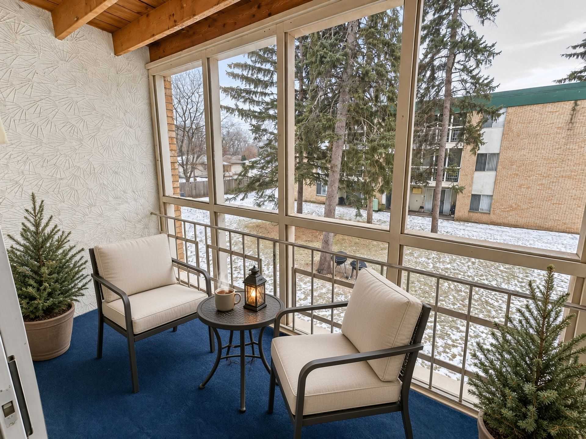 View from a screened-in balcony at The Groves apartments