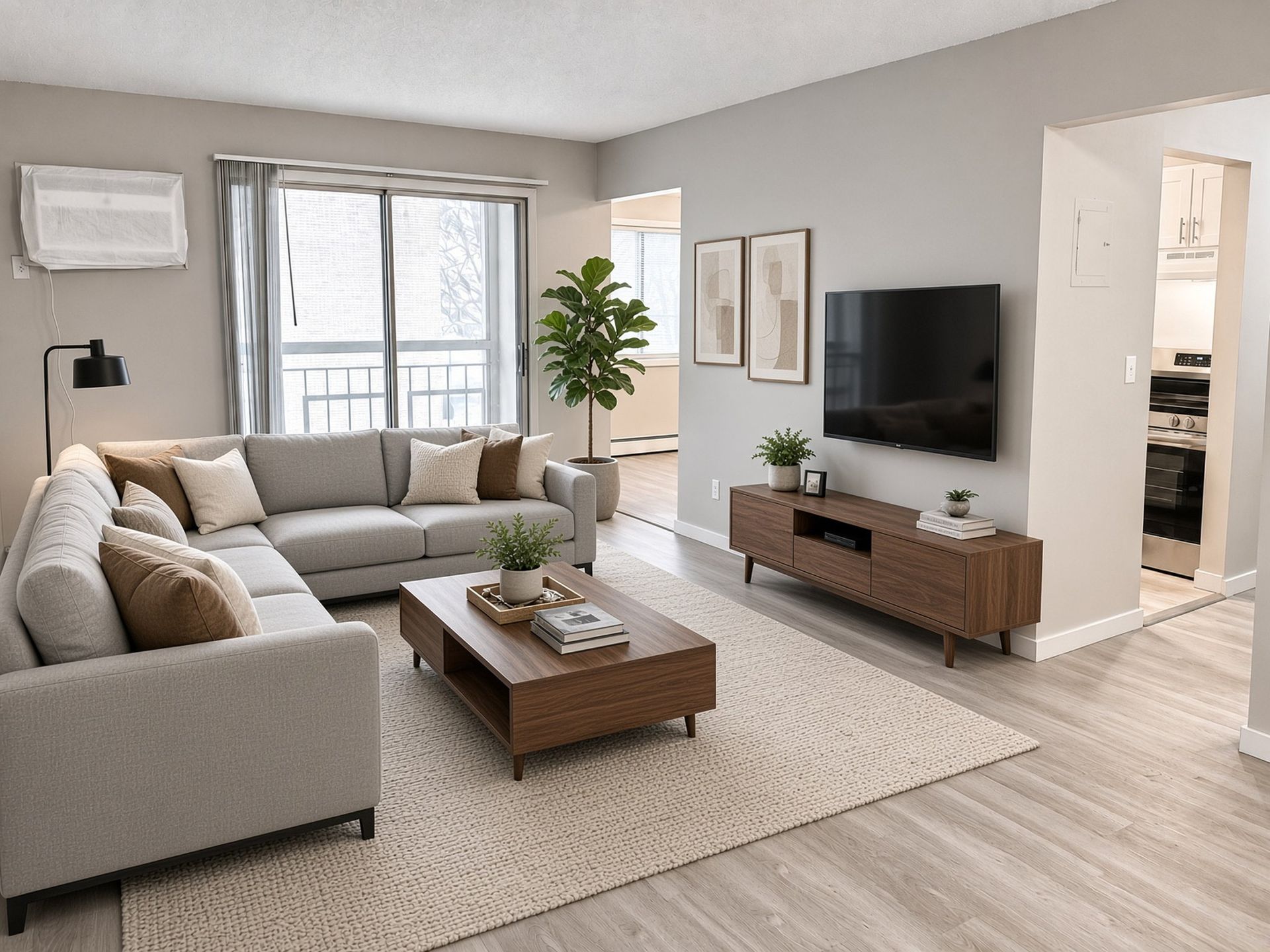Living room with balcony access at The Groves apartments
