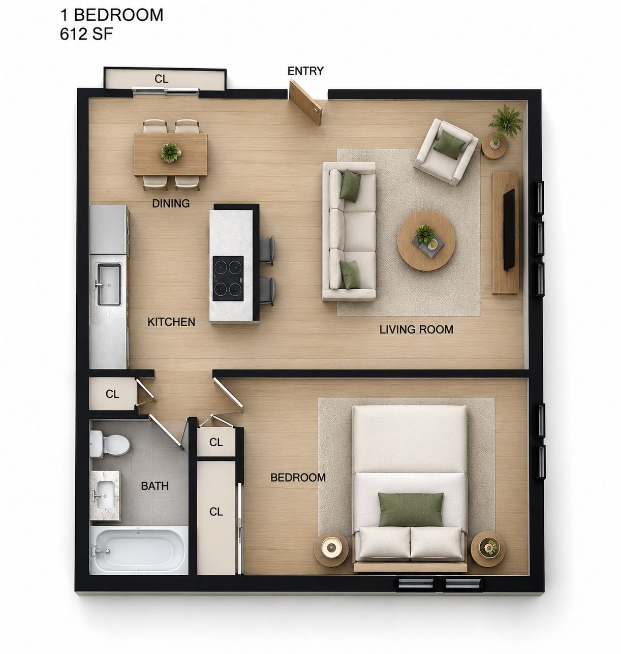 Hanson Court one-bedroom apartment floor plan, about 612 sq ft, Crystal MN