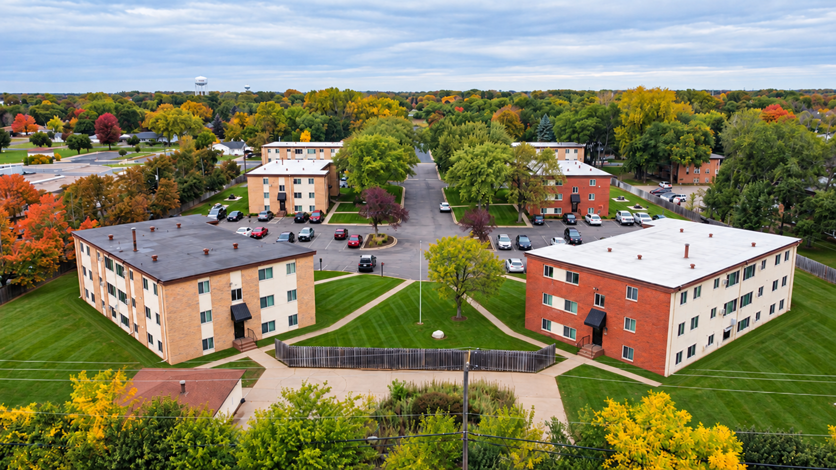 Aerial view of Lakeshore apartments in Brooklyn Center, MN