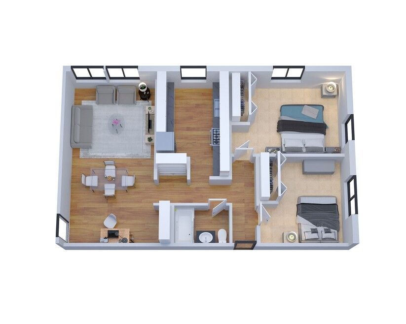 A 3d floor plan of a house with a bedroom , living room , and kitchen.