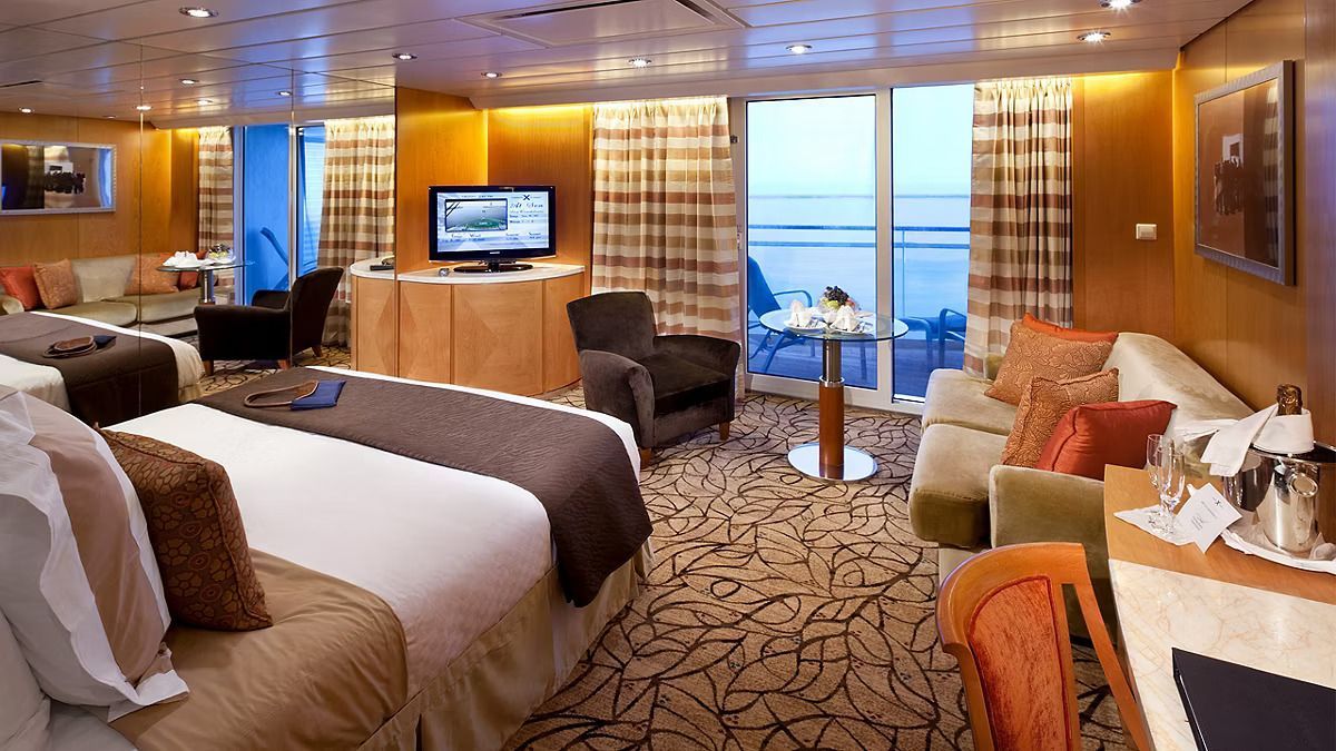 An aerial view of a cruise ship in the ocean.
