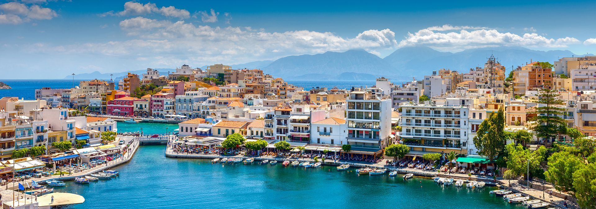 Aerial view of Agios Nikolaos, a city in Crete, Greece.
